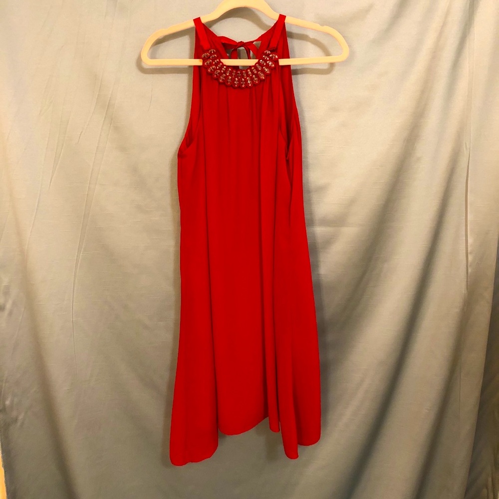 Max Studio red swing dress, jeweled neckline sz XS